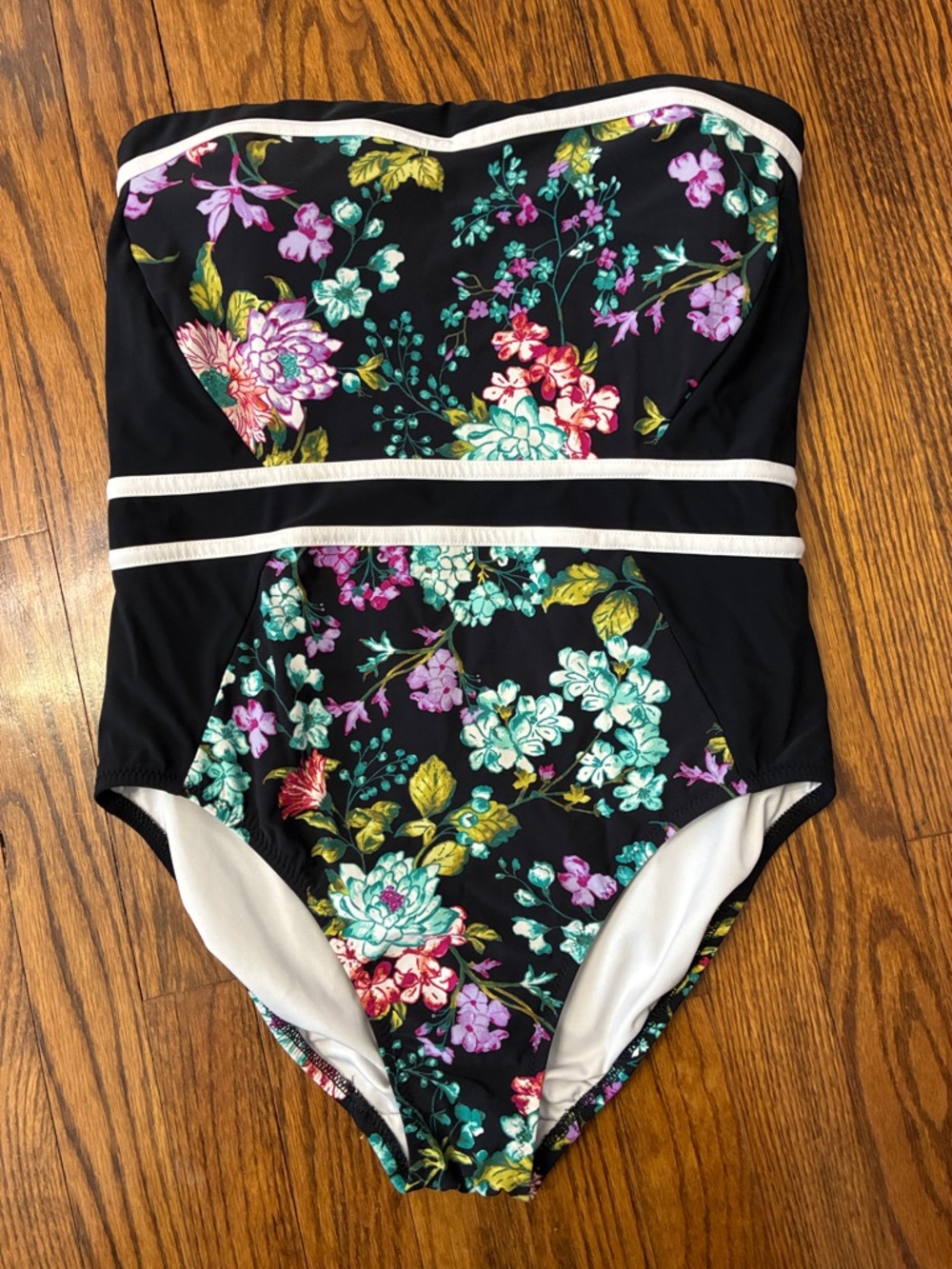 Lands' End Black Floral Stripe flattering strapless one piece swim suit size 12